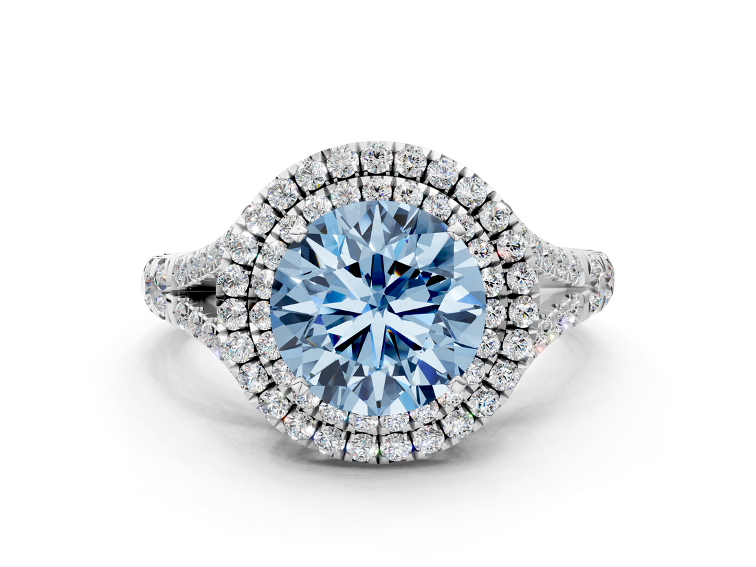 White gold Double Halo Fancy Blue Round  Cut Diamond Split Shank Ring with Four Prong Setting_20