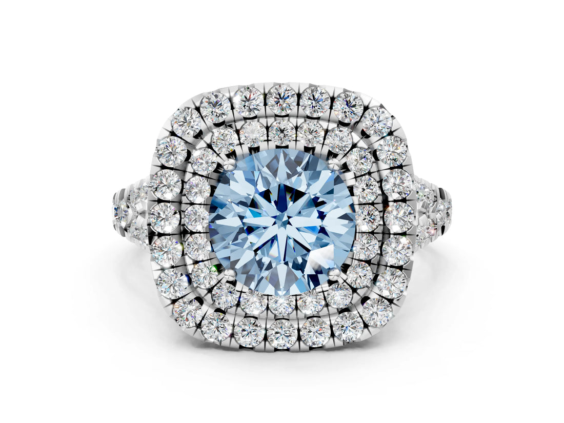 White gold Double Halo Fancy Blue Round  Cut Pave Split Shank Prong Set Ring_15