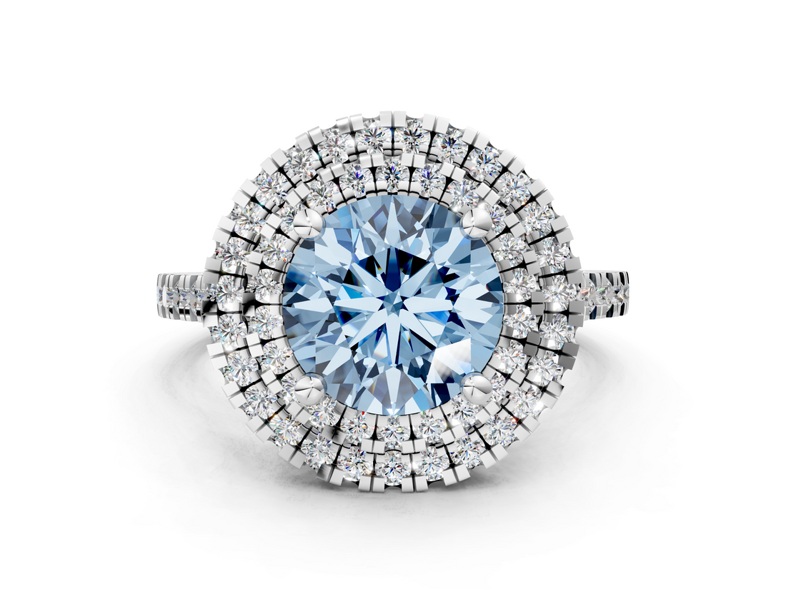 White gold Double Halo Fancy Blue Round  Diamond Pave Band with Four-Prong Setting_43