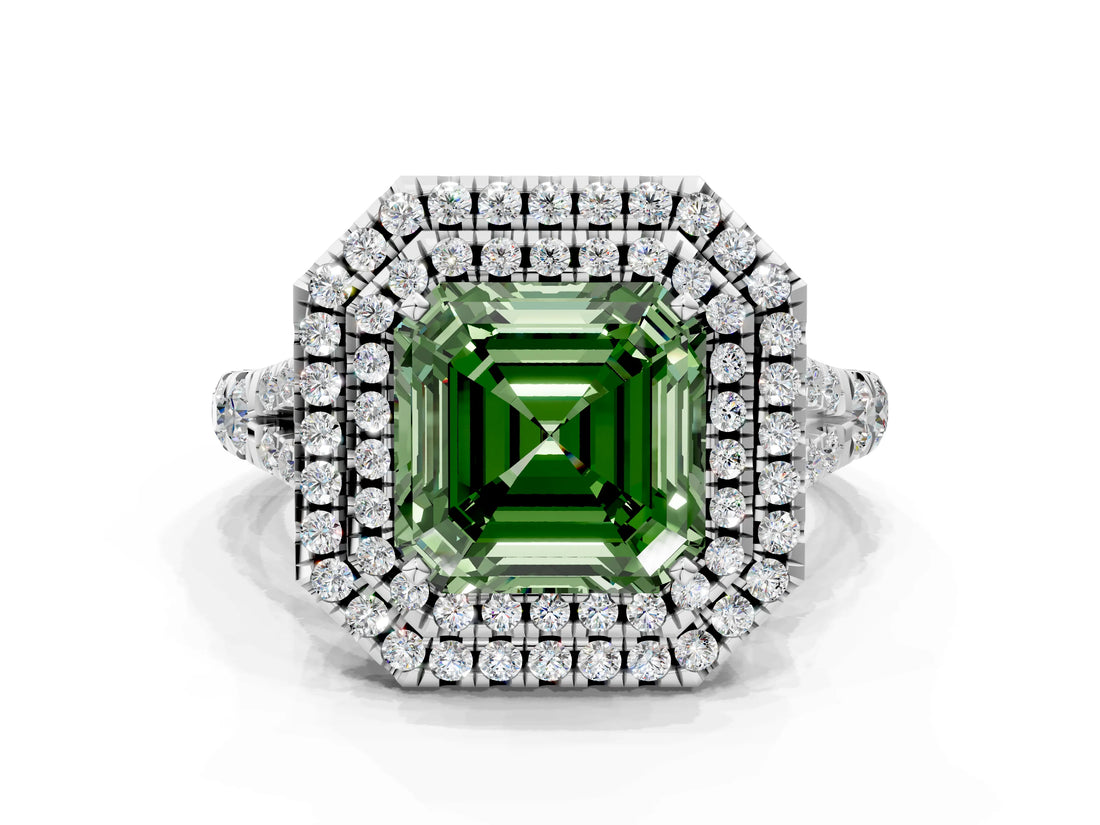 White gold Double Halo Fancy Green Asscher Cut Diamond Split Shank Engagement Ring with Four-Prong Setting_3