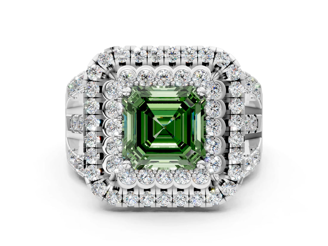 White gold Double Halo Fancy Green Asscher Cut Diamond Split Shank Pave Set Ring_3
