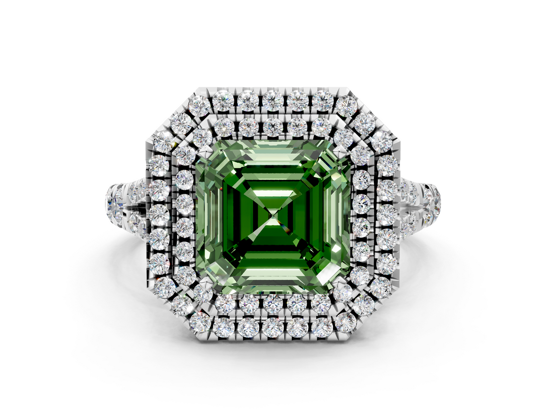White gold Double Halo Fancy Green Asscher  Cut Diamond Split Shank Ring with Four Prong Setting