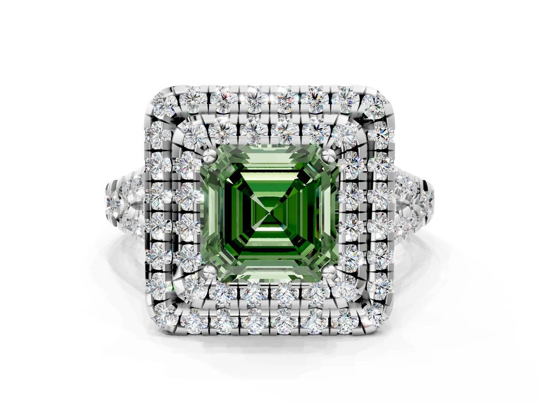 White gold Double Halo Fancy Green Asscher  Cut Pave Split Shank Prong Set Ring_15