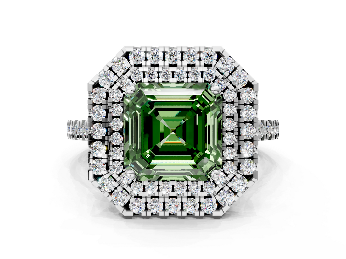 White gold Double Halo Fancy Green Asscher  Diamond Pave Band with Four-Prong Setting
