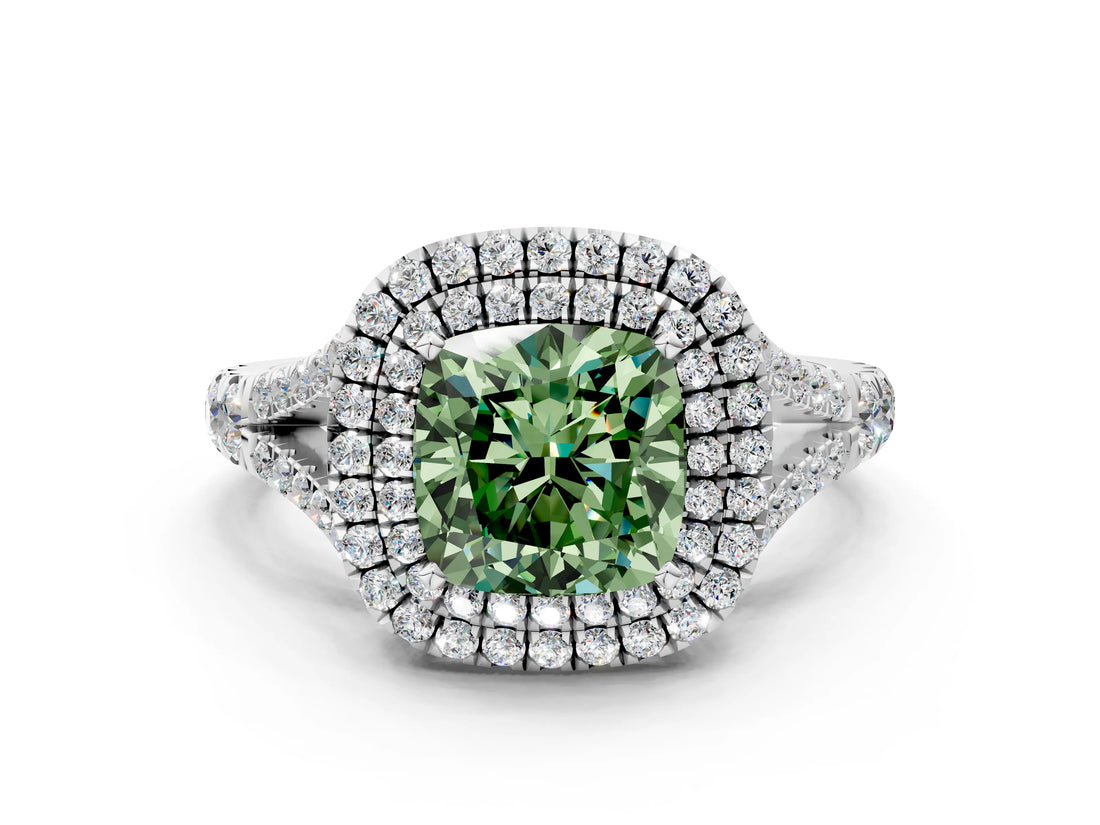 White gold Double Halo Fancy Green Cushion Cut Diamond Split Shank Engagement Ring with Four-Prong Setting_15