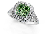 White gold Double Halo Fancy Green Cushion Cut Diamond Split Shank Engagement Ring with Four-Prong Setting_16