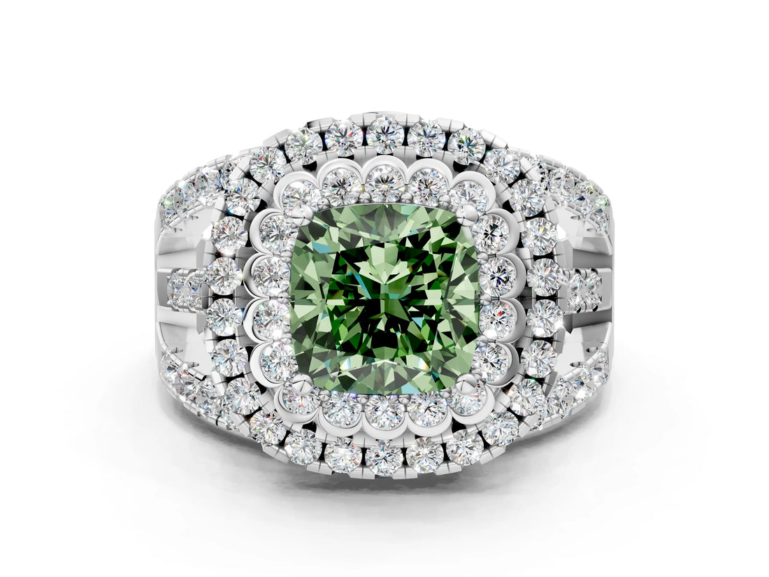 White gold Double Halo Fancy Green Cushion Cut Diamond Split Shank Pave Set Ring_3