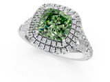 White gold Double Halo Fancy Green Cushion  Cut Diamond Split Shank Ring with Four Prong Setting_21