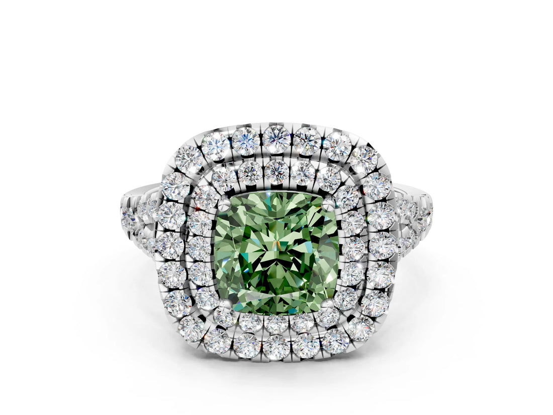 White gold Double Halo Fancy Green Cushion  Cut Pave Split Shank Prong Set Ring_15