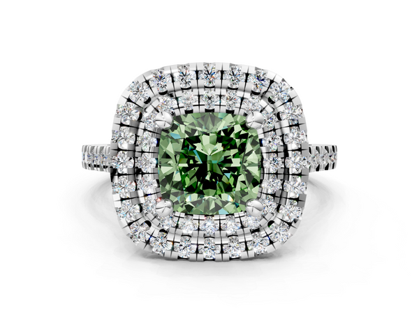 White gold Double Halo Fancy Green Cushion Cut Diamond Pavé Band with Four-Prong Setting