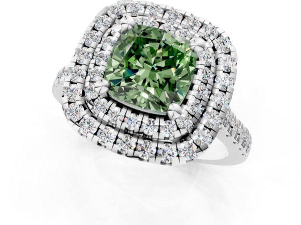 White gold Double Halo Fancy Green Cushion Cut Diamond Pavé Band with Four-Prong Setting