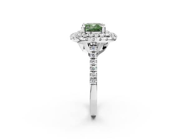 White gold Double Halo Fancy Green Cushion Cut Diamond Pavé Band with Four-Prong Setting