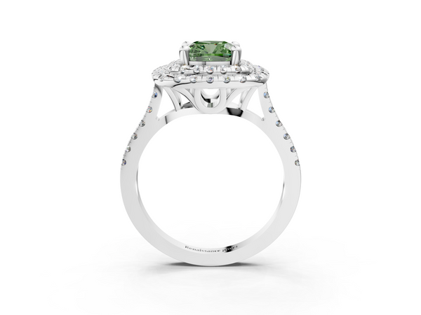 White gold Double Halo Fancy Green Cushion Cut Diamond Pavé Band with Four-Prong Setting