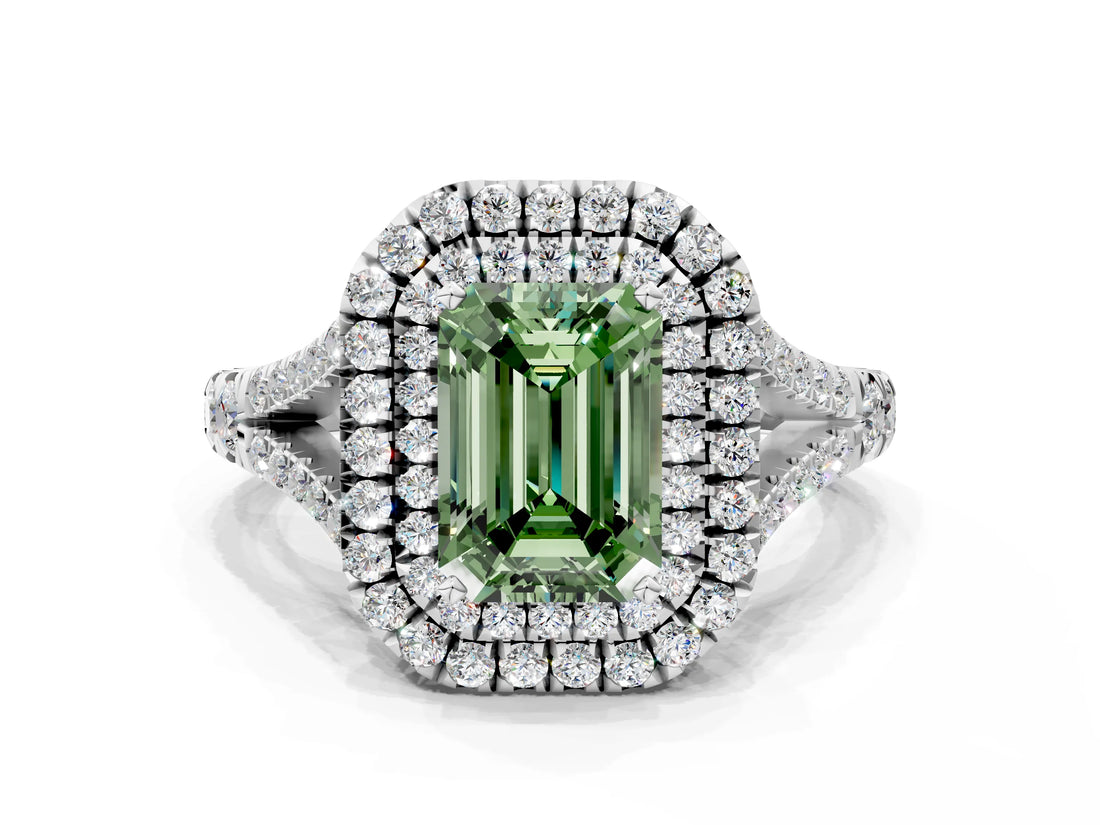 White gold Double Halo Fancy Green Emerald Cut Diamond Split Shank Engagement Ring with Four-Prong Setting_15