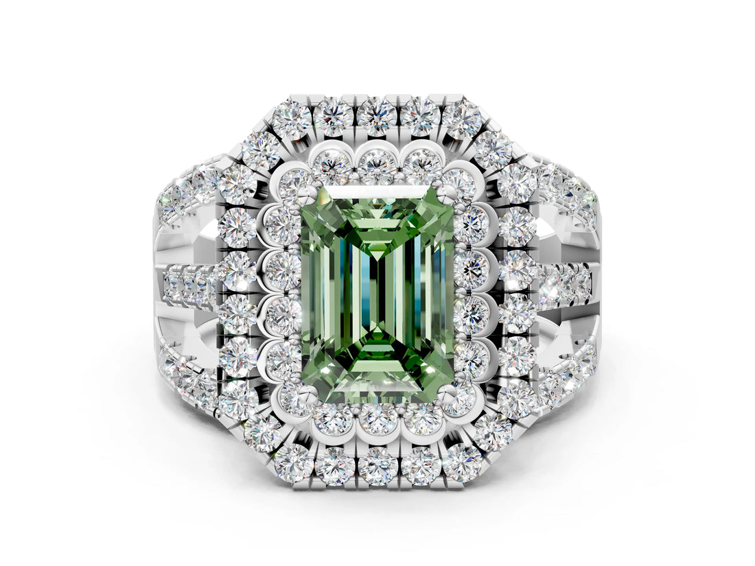 White gold Double Halo Fancy Green Emerald Cut Diamond Split Shank Pave Set Ring_3