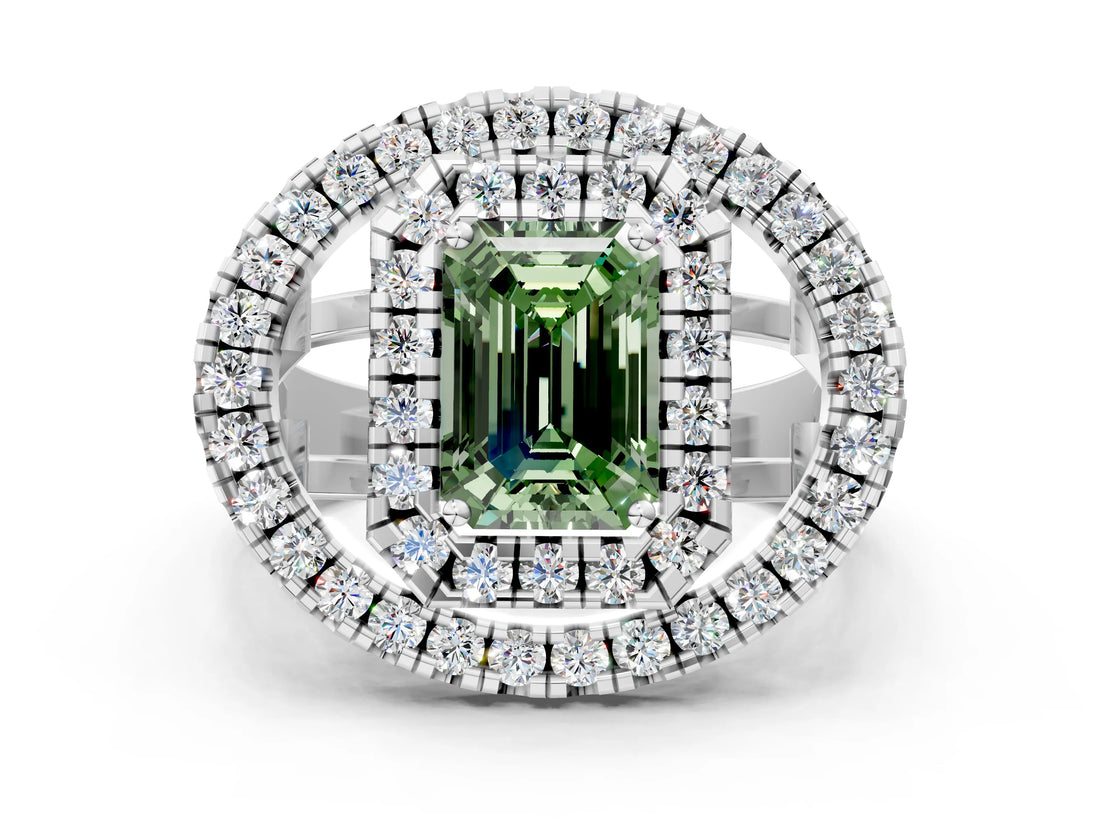 White gold Double Halo Fancy Green Emerald Cut Diamond Split Shank Prong Setting Ring