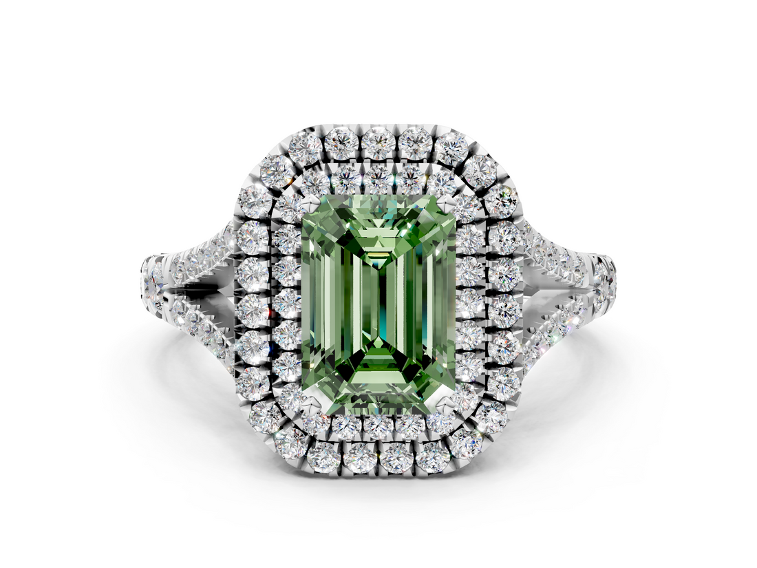 White gold Double Halo Fancy Green Emerald  Cut Diamond Split Shank Ring with Four Prong Setting_20