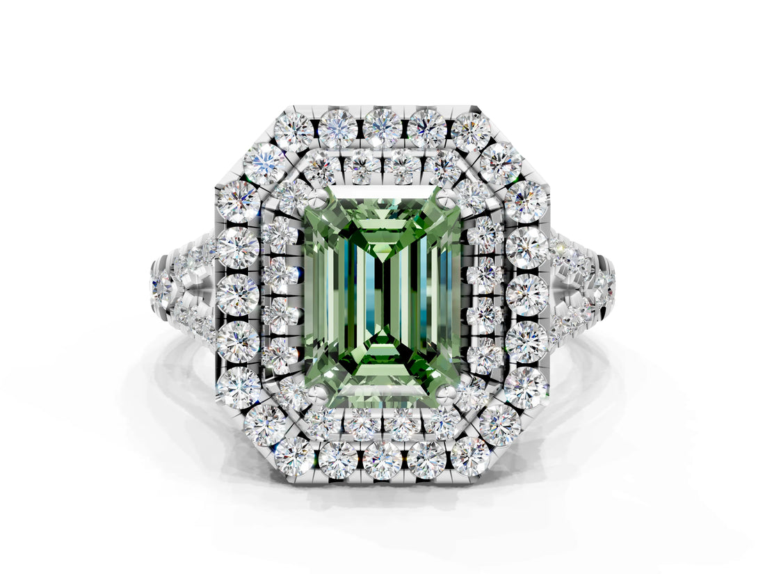 White gold Double Halo Fancy Green Emerald  Cut Pave Split Shank Prong Set Ring_15