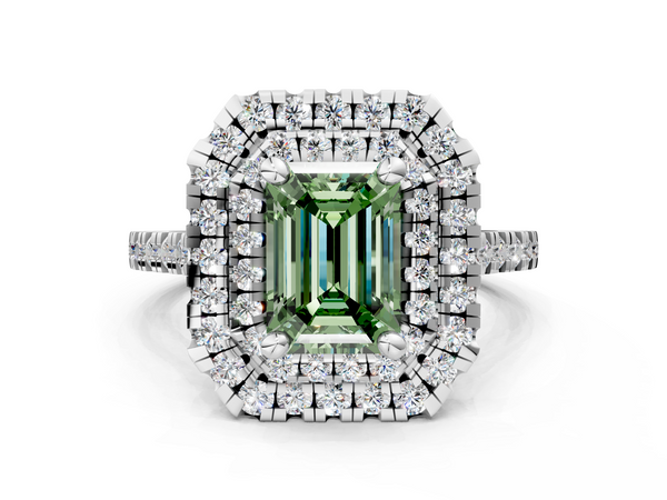 Platinum Double Halo Fancy Green Emerald Cut Diamond Pavé Band with Four-Prong Setting