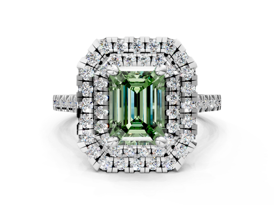White gold Double Halo Fancy Green Emerald  Diamond Pave Band with Four-Prong Setting_44