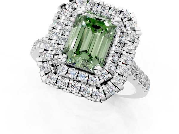 Platinum Double Halo Fancy Green Emerald Cut Diamond Pavé Band with Four-Prong Setting