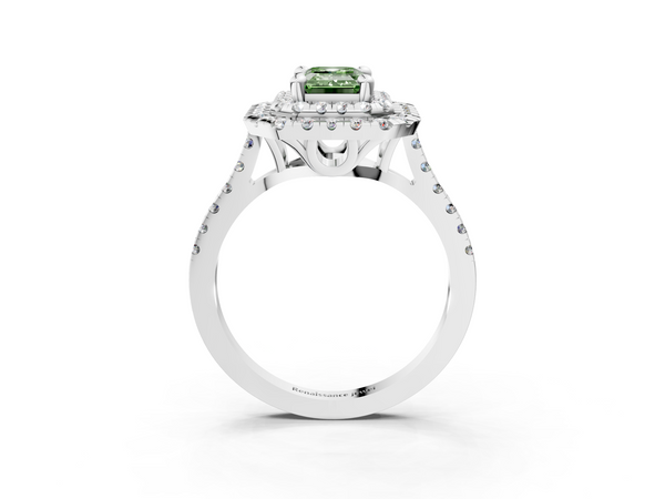 Platinum Double Halo Fancy Green Emerald Cut Diamond Pavé Band with Four-Prong Setting