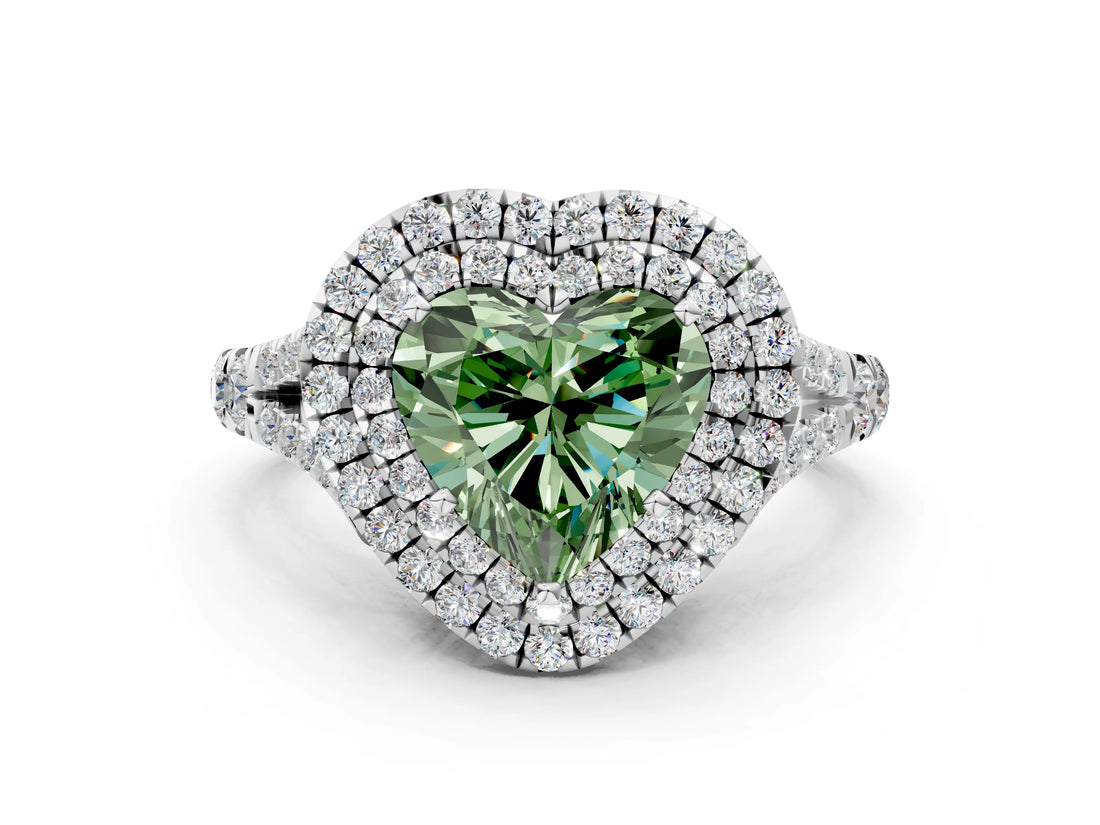 White gold Double Halo Fancy Green Heart Cut Diamond Split Shank Engagement Ring with Four-Prong Setting_15