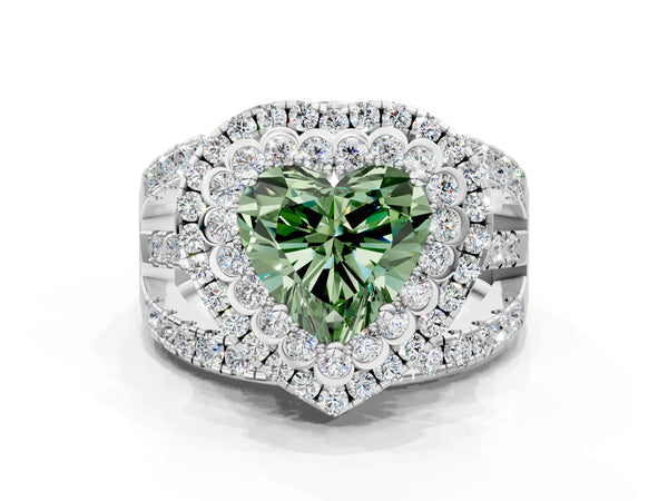 Platinum Double Halo Fancy Green Heart Cut Diamond Split Shank Pave Set Ring