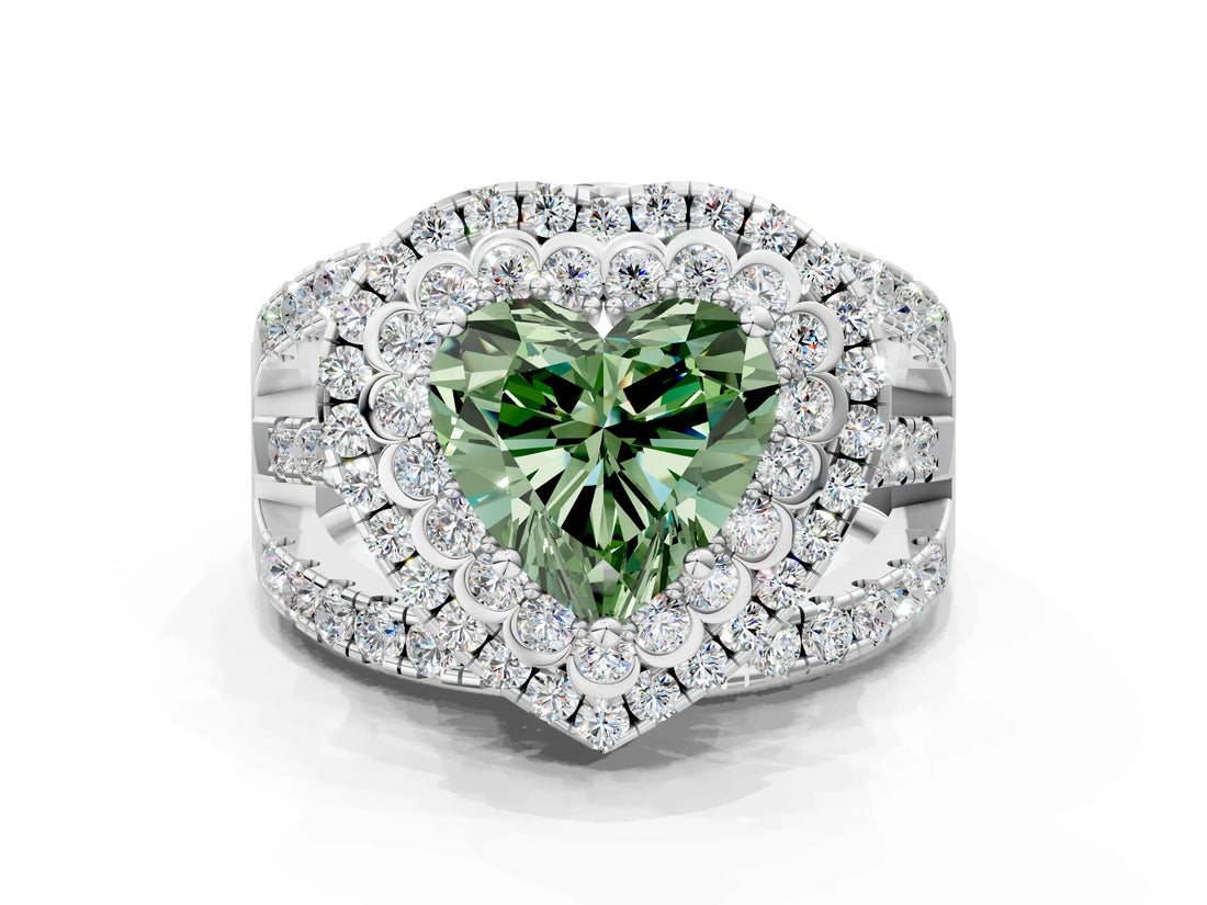 White gold Double Halo Fancy Green Heart Cut Diamond Split Shank Pave Set Ring_3