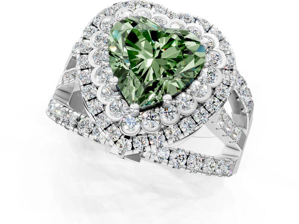Platinum Double Halo Fancy Green Heart Cut Diamond Split Shank Pave Set Ring