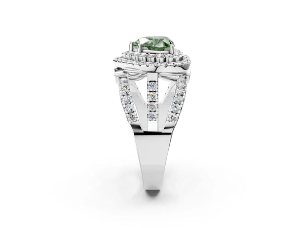 Platinum Double Halo Fancy Green Heart Cut Diamond Split Shank Pave Set Ring