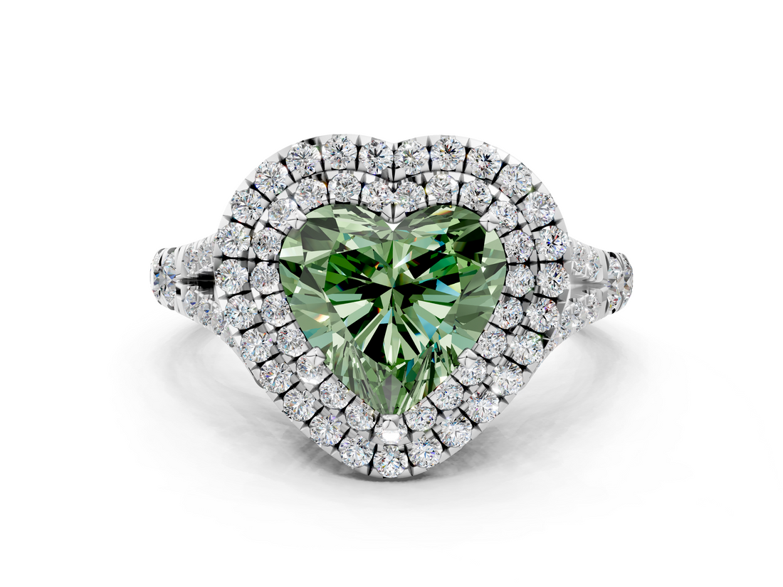 White gold Double Halo Fancy Green Heart  Cut Diamond Split Shank Ring with Four Prong Setting