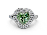 White gold Double Halo Fancy Green Heart  Cut Diamond Split Shank Ring with Four Prong Setting