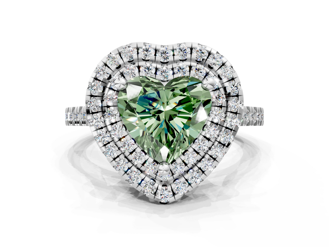 White gold Double Halo Fancy Green Heart  Diamond Pave Band with Four-Prong Setting_17