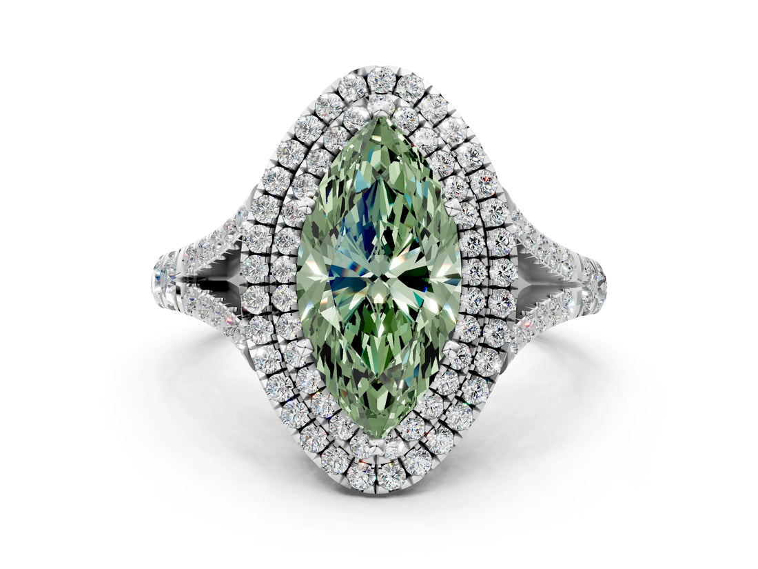 White gold Double Halo Fancy Green Marquise Cut Diamond Split Shank Engagement Ring with Four-Prong Setting_15