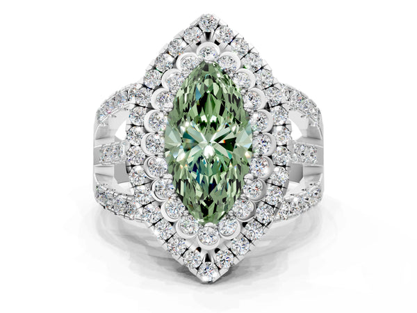 Platinum Double Halo Fancy Green Marquise Cut Diamond Split Shank Pave Set Ring