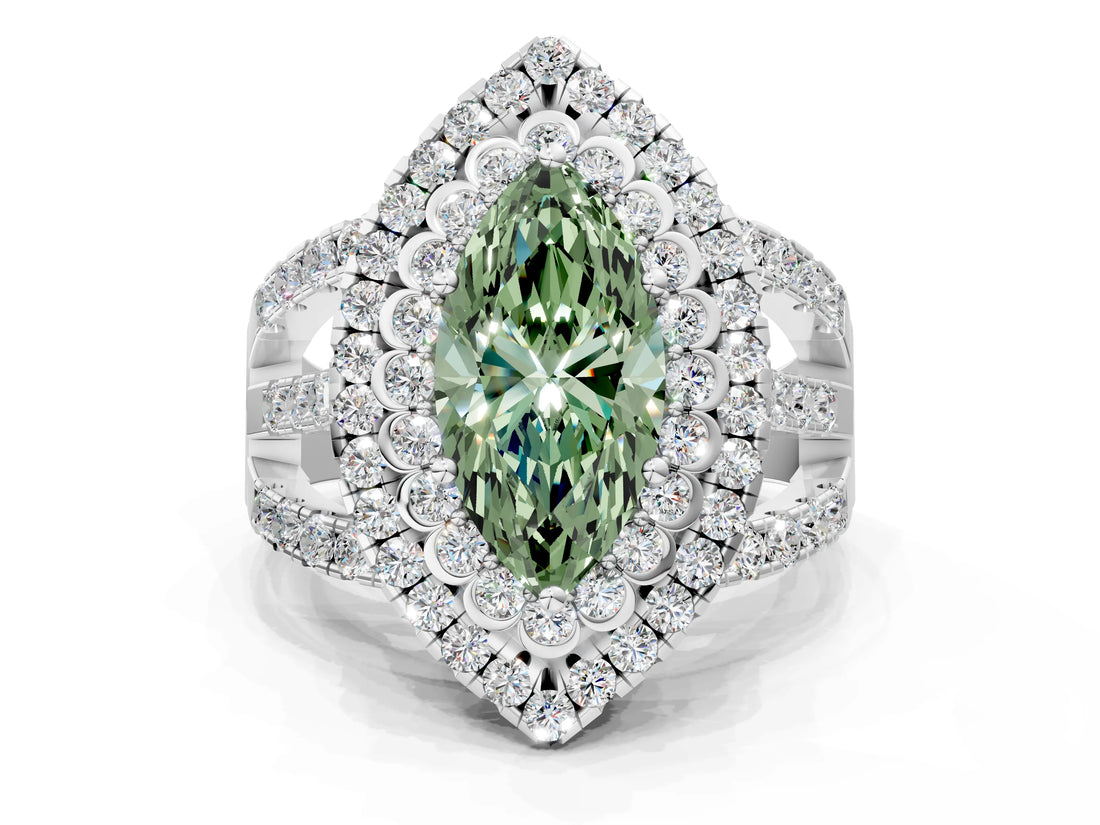 White gold Double Halo Fancy Green Marquise Cut Diamond Split Shank Pave Set Ring_3