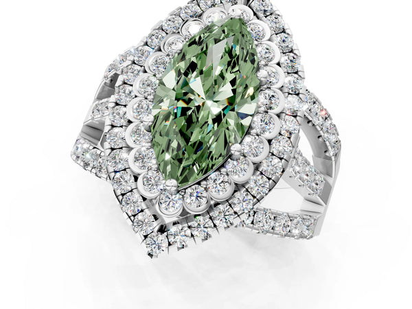 Platinum Double Halo Fancy Green Marquise Cut Diamond Split Shank Pave Set Ring