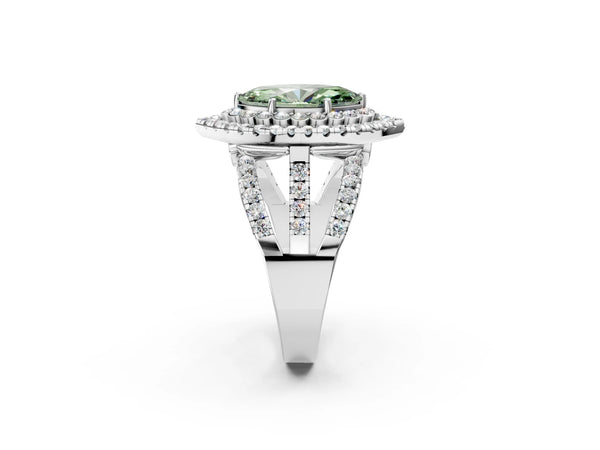 Platinum Double Halo Fancy Green Marquise Cut Diamond Split Shank Pave Set Ring