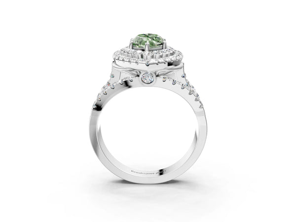 Platinum Double Halo Fancy Green Marquise Cut Diamond Split Shank Pave Set Ring