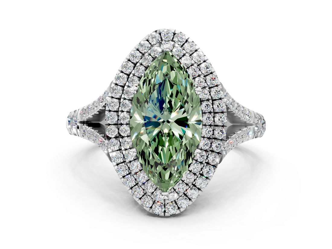 White gold Double Halo Fancy Green Marquise  Cut Diamond Split Shank Ring with Four Prong Setting_20