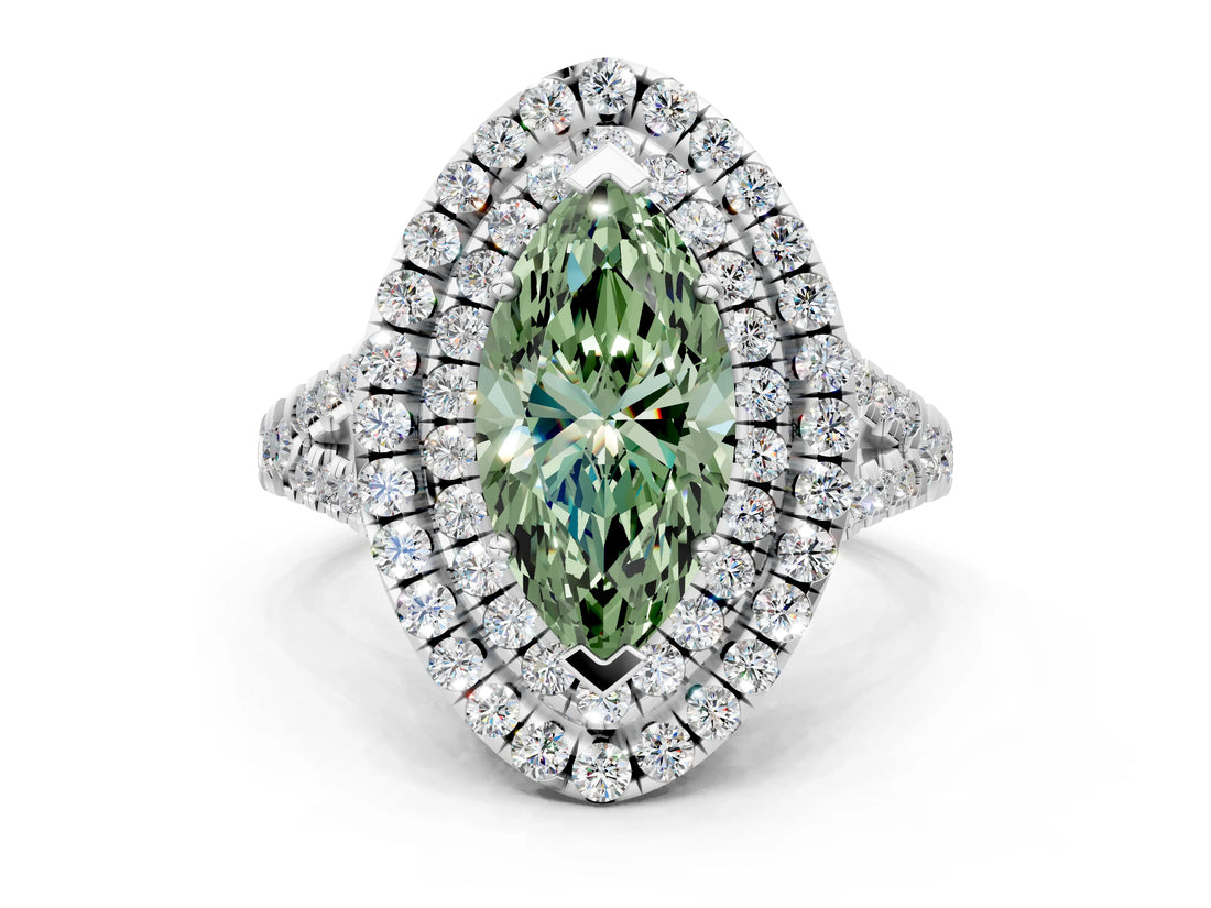 White gold Double Halo Fancy Green Marquise  Cut Pave Split Shank Prong Set Ring_15