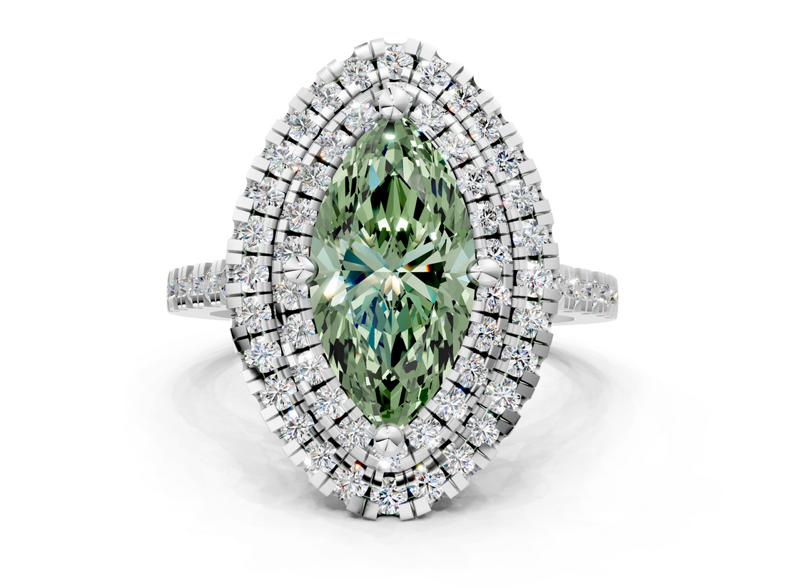 White gold Double Halo Fancy Green Marquise  Diamond Pave Band with Four-Prong Setting_43