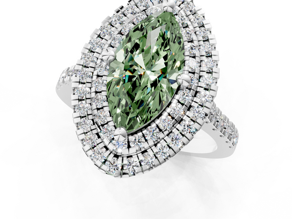 White gold Double Halo Fancy Green Marquise Cut Diamond Pavé Band with Four-Prong Setting