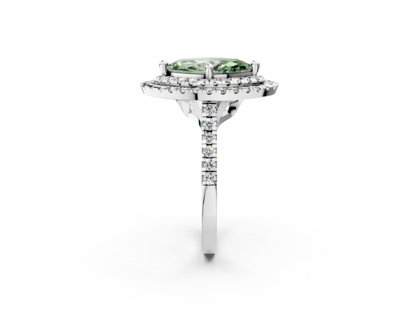 White gold Double Halo Fancy Green Marquise Cut Diamond Pavé Band with Four-Prong Setting