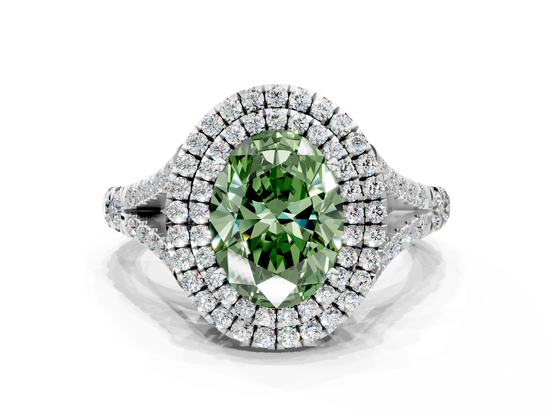 White gold Double Halo Fancy Green Oval Cut Diamond Split Shank Engagement Ring with Four-Prong Setting_15