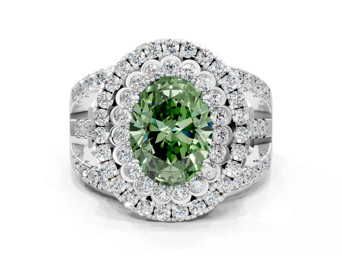 White gold Double Halo Fancy Green Oval Cut Diamond Split Shank Pave Set Ring_3