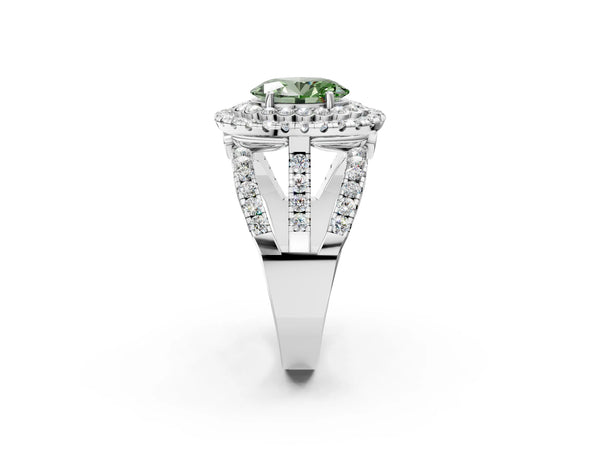 Platinum Double Halo Fancy Green Oval Cut Diamond Split Shank Pave Set Ring