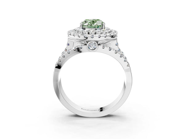Platinum Double Halo Fancy Green Oval Cut Diamond Split Shank Pave Set Ring