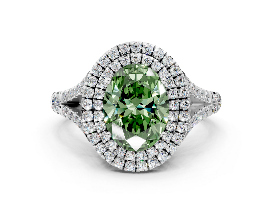 White gold Double Halo Fancy Green Oval  Cut Diamond Split Shank Ring with Four Prong Setting_20